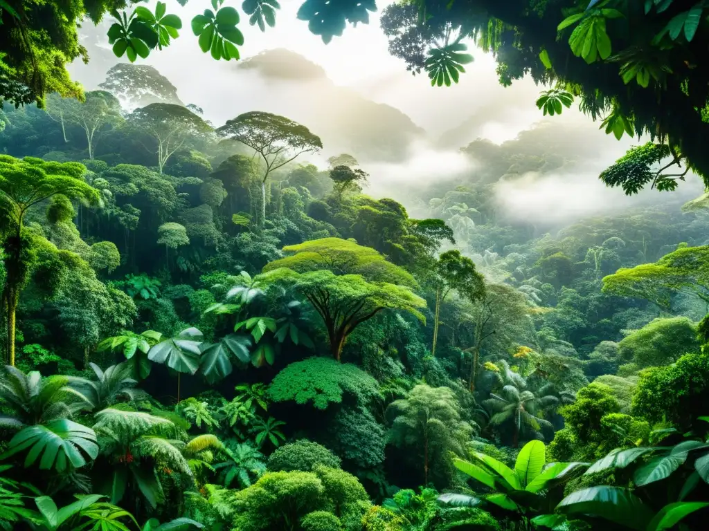 Un exuberante y vibrante bosque lluvioso, con diversa vida animal y vegetal