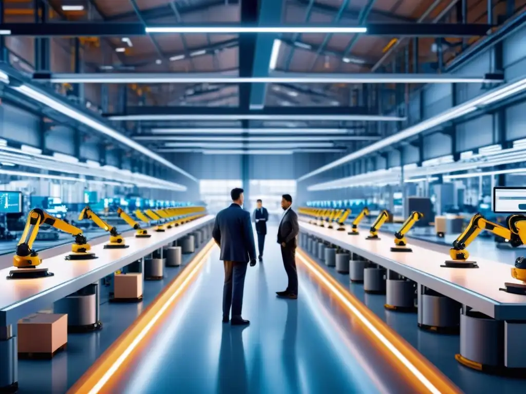 Smart Factory del Futuro: Integración Tecnológica Impactante Una fábrica moderna con robots y trabajadores humanos, conectados a través del IoT