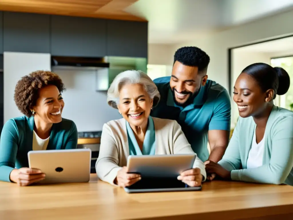 Una familia enseña tecnología a una mujer mayor con cariño y paciencia