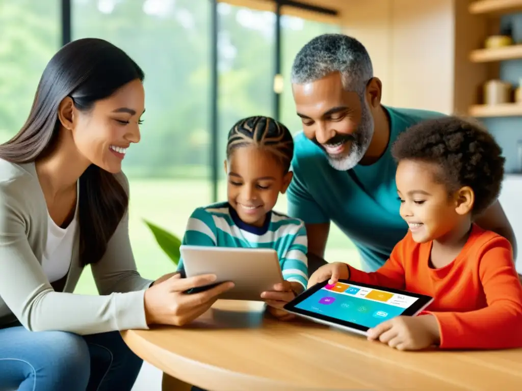 Una familia disfruta de la tecnología IoT con control parental, explorando una app educativa