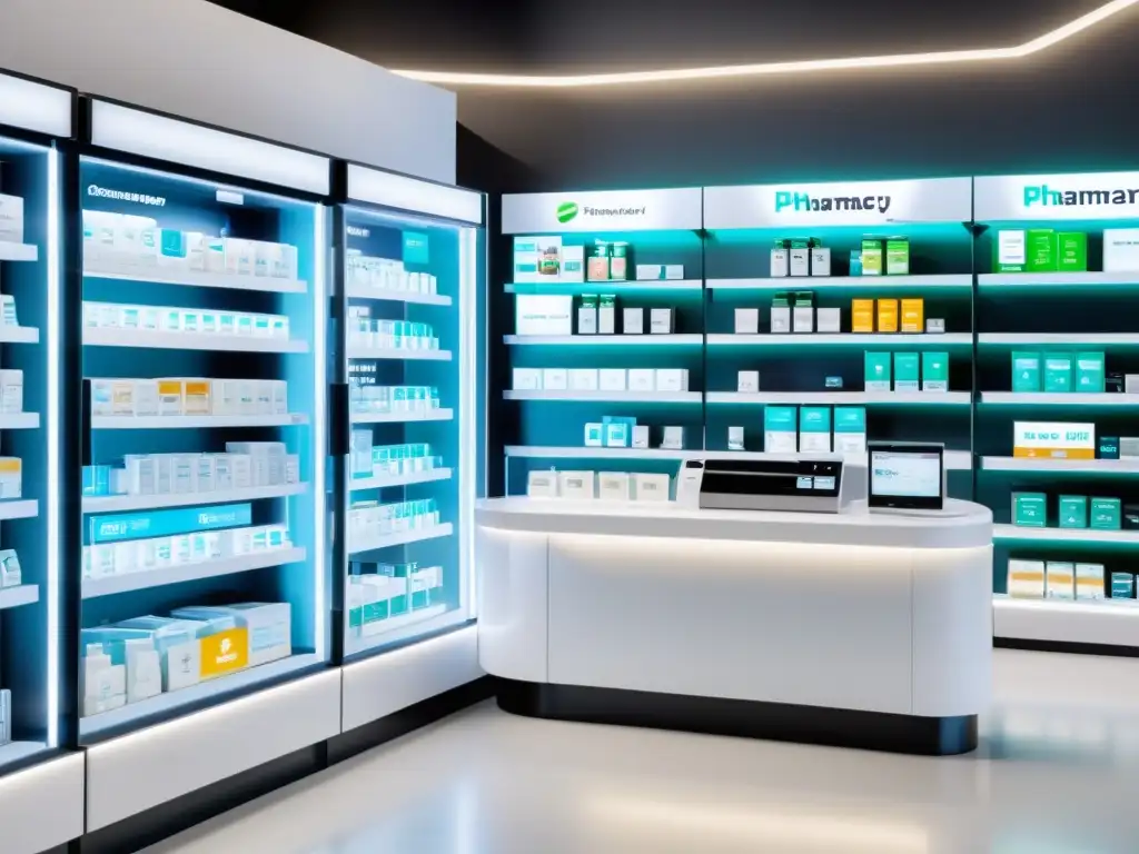 Una farmacia futurista con brazos robóticos dispensando medicamentos de manera eficiente, mientras sistemas de IA gestionan el inventario y asisten a los farmacéuticos