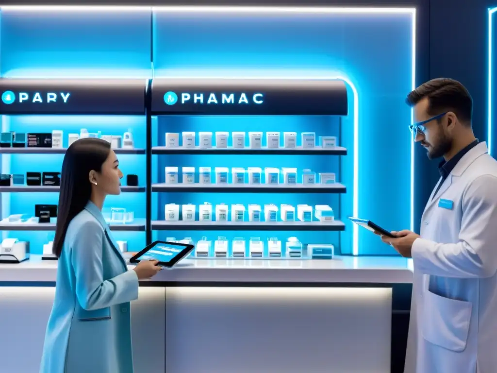 Una farmacia futurista con dispensadores automatizados iluminados en azul y blanco