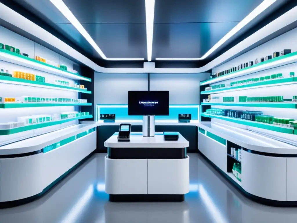 Una farmacia futurista con IA en dispensación de medicamentos, robótica de alta precisión y diseño vanguardista