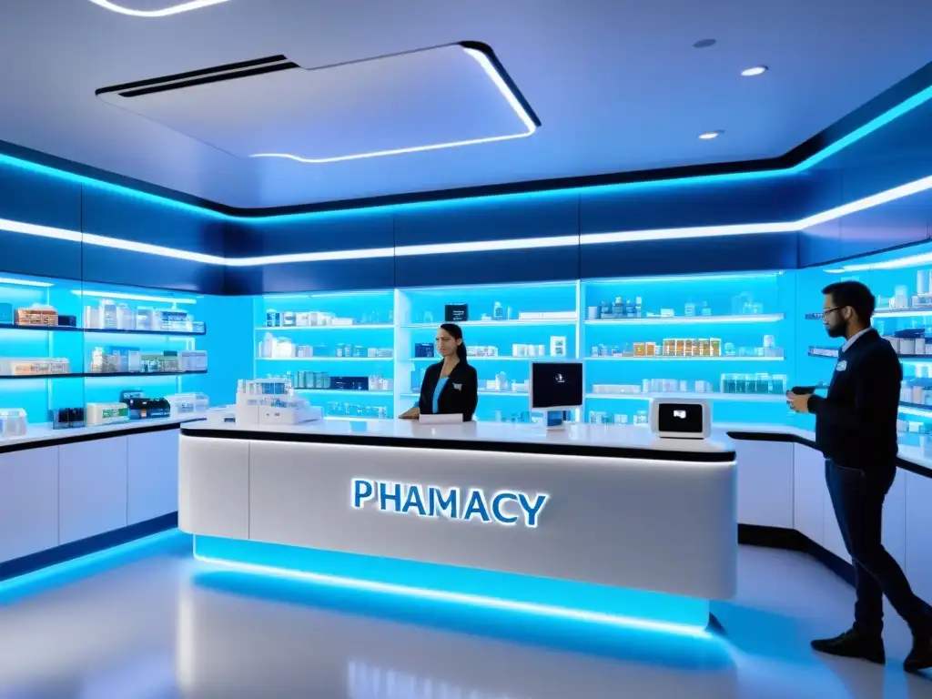 Farmacia futurista con IA en dispensación de medicamentos, mostradores blancos y estantes LED