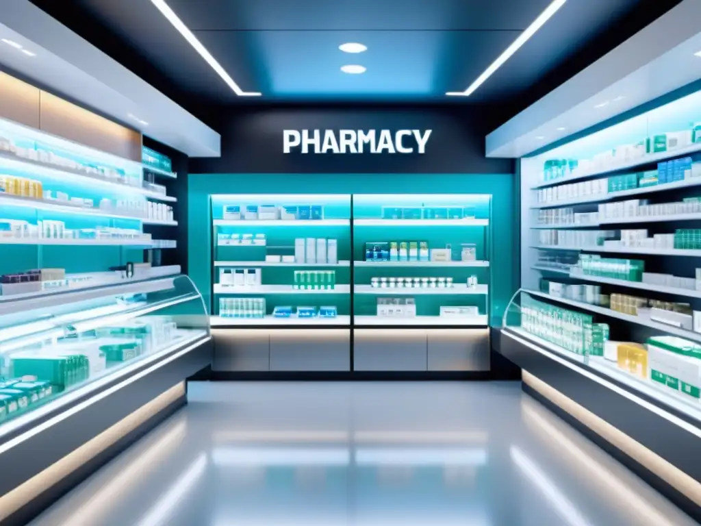 Una farmacia moderna con brazos robóticos dispensando medicamentos, mientras el software impulsado por IA gestiona el inventario y ayuda a los clientes con pedidos de recetas