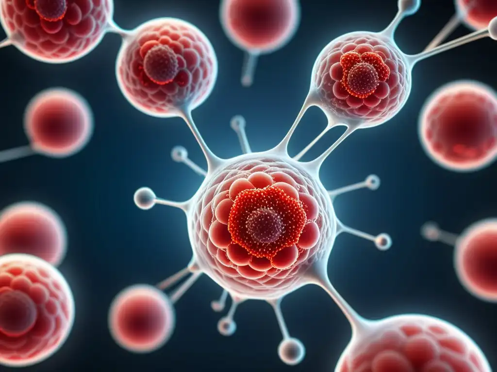 Nanocápsulas liberando fármacos en el torrente sanguíneo, con una red intrincada de moléculas