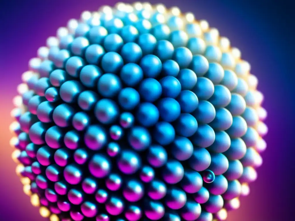 Un fascinante close-up de nanopartículas futuristas en un patrón grid, con tonos azules, purpuras y plateados