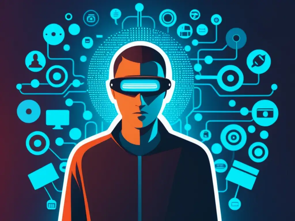 Figura anónima rodeada de dispositivos de rastreo digital, simbolizando la vigilancia digital de grandes corporaciones