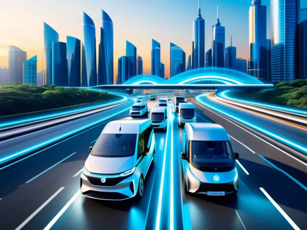 Una flota moderna de vehículos comerciales conectados en una autopista futurista, iluminada por el atardecer
