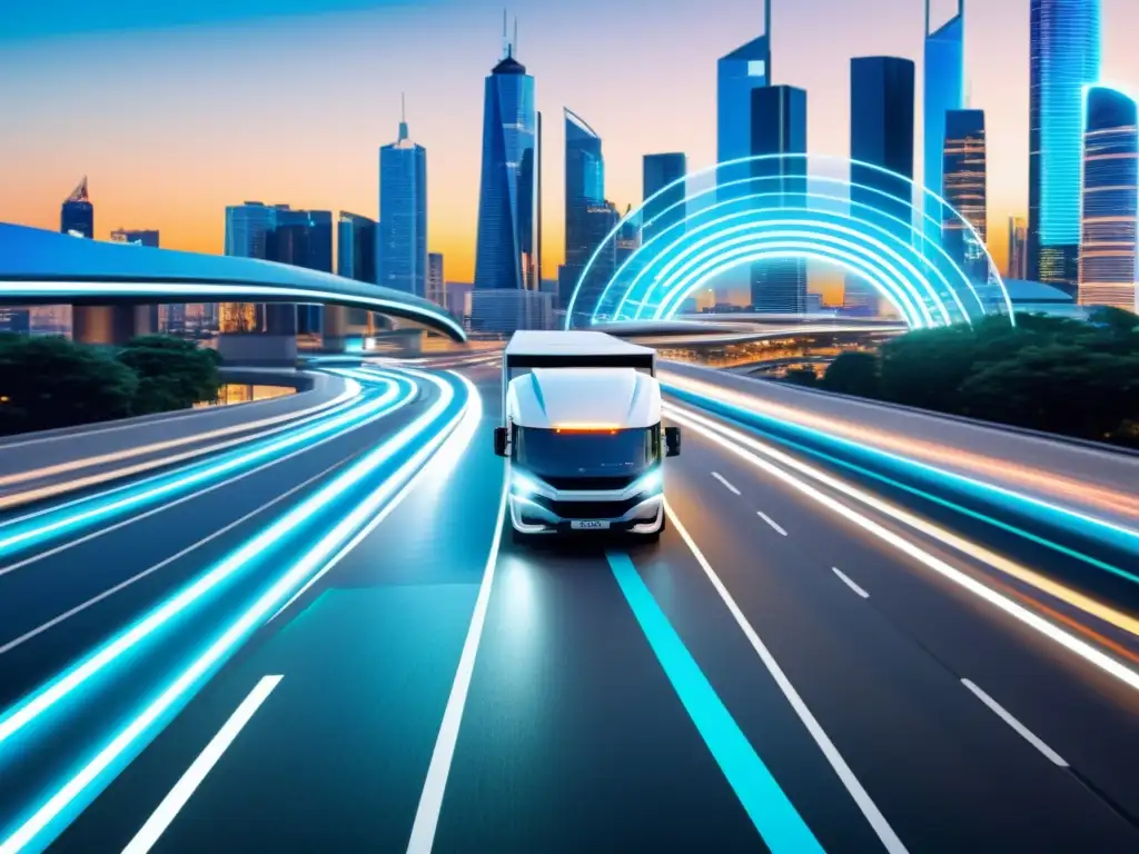Flota de vehículos comerciales con gestión avanzada, conectividad 5G y tecnología futurista, integrada en la ciudad