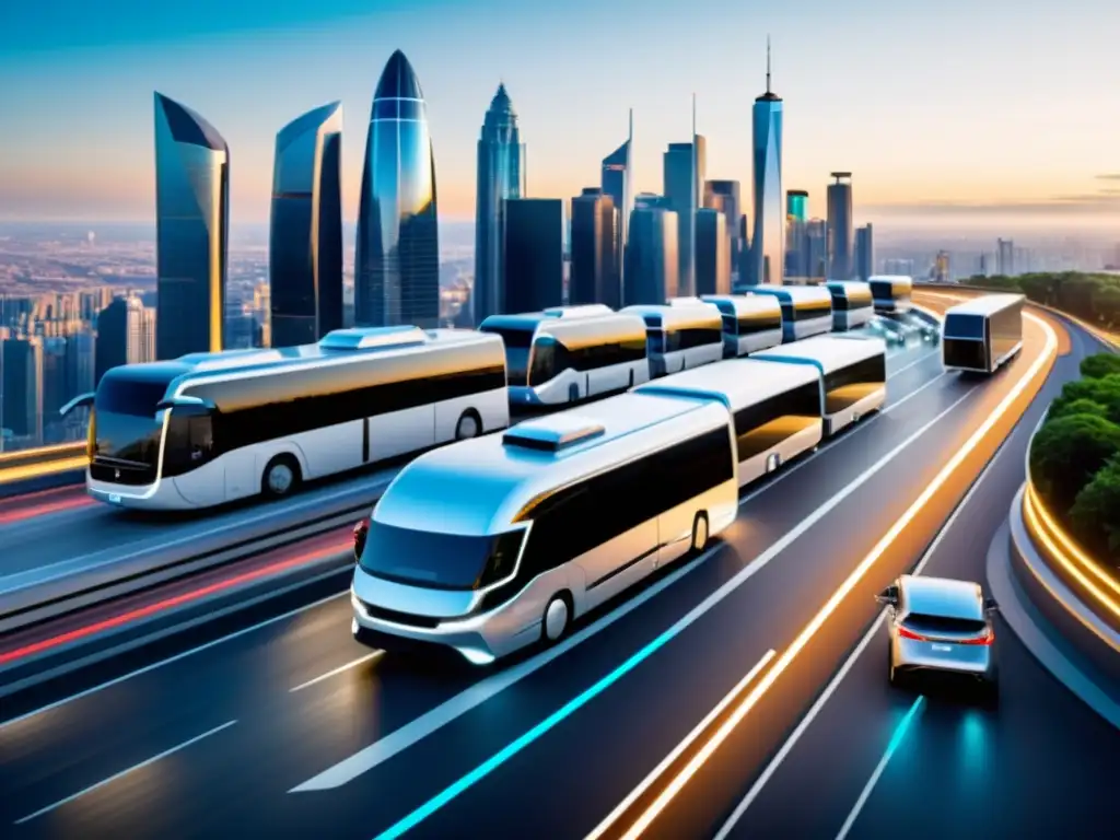 Gestión de flotas de vehículos comerciales: Flota futurista de vehículos comerciales 5G en una ciudad moderna y aerodinámica