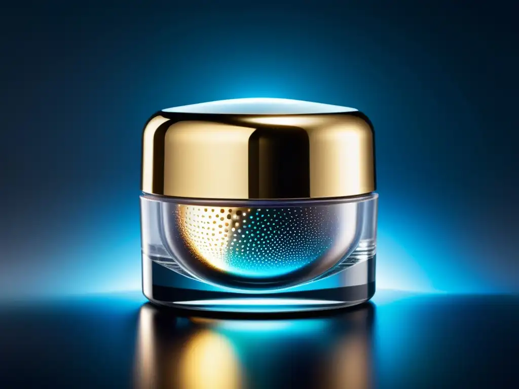 Una fórmula cosmética transparente llena de nanopartículas brillantes en un envase futurista, mostrando aplicaciones de nanotecnología en cosmética