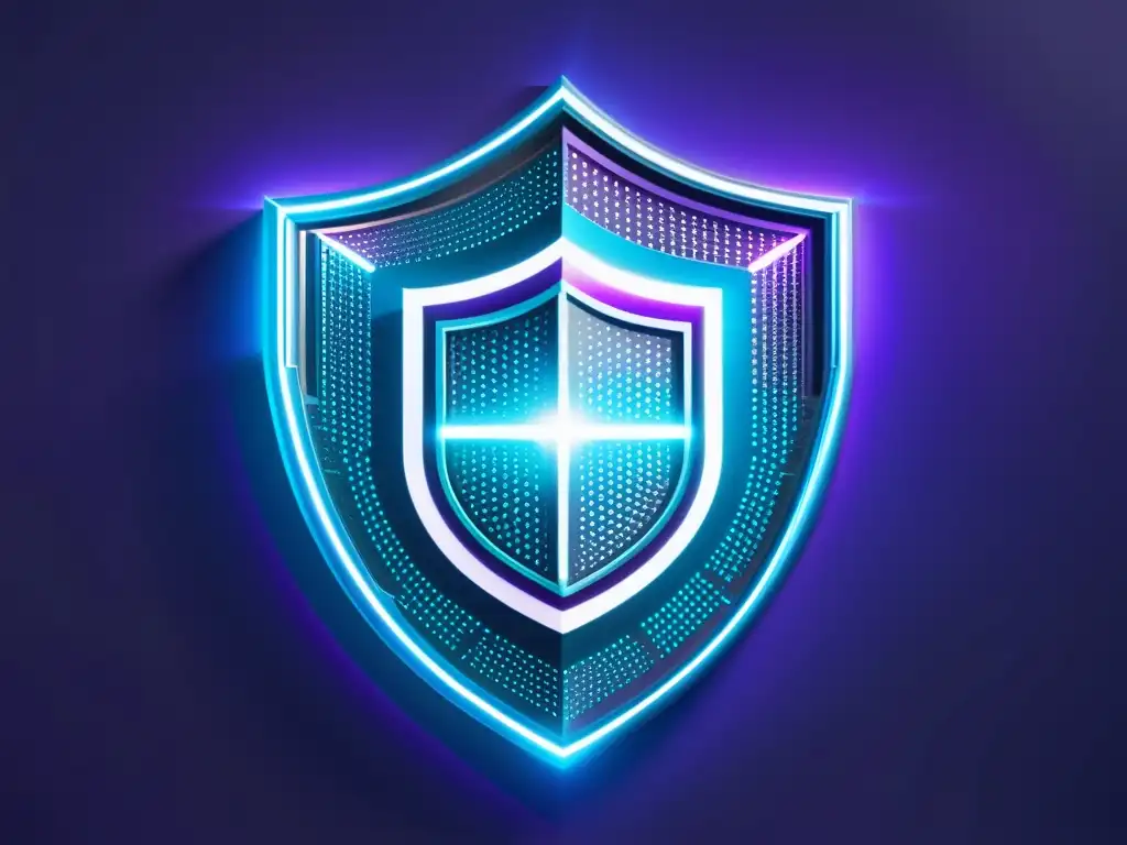 Fortaleza digital: Nodos de blockchain iluminados en escudo de privacidad Un futurista y abstracto castillo digital de nodos blockchain interconectados, rodeado por un escudo translúcido que simboliza privacidad y seguridad