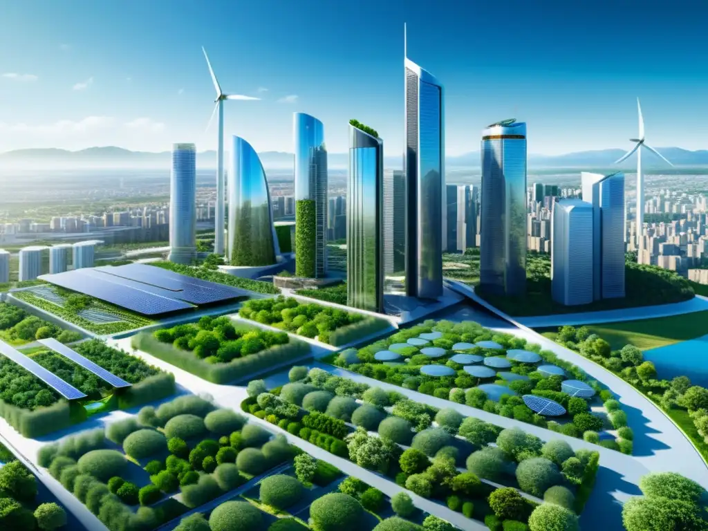 Una futurista ciudad con nanotecnología para combatir cambio climático, integrando naturaleza y tecnología en armonía