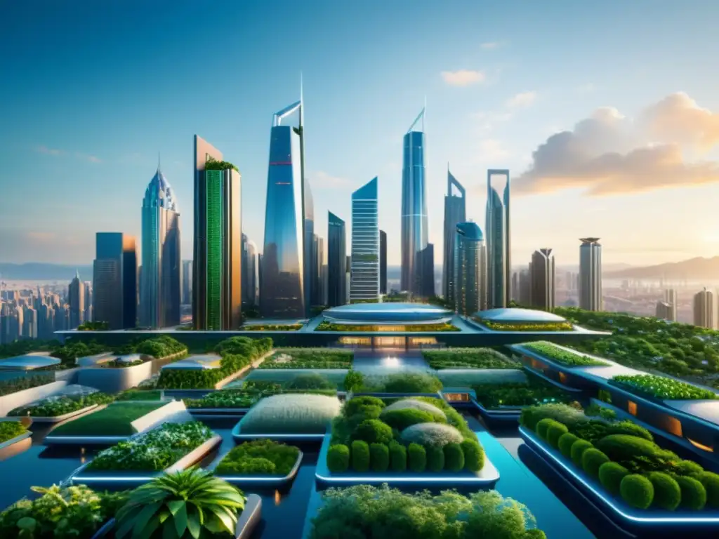 Futurista ciudad con rascacielos de nanoarquitectura sostenible para ciudades, jardines verticales y sistemas de energía