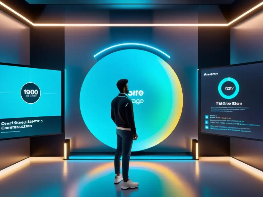 Marketing holográfico personalizado con IA avanzada Un futurista display holográfico muestra mensajes de marketing individualizado en la era digital, con colores vibrantes y tecnología innovadora