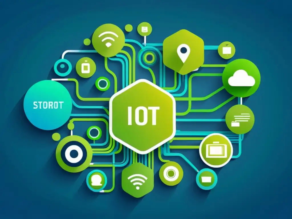 Una ilustración futurista de dispositivos IoT interconectados, con una red de gadgets inteligentes, sensores industriales y tecnología ponible