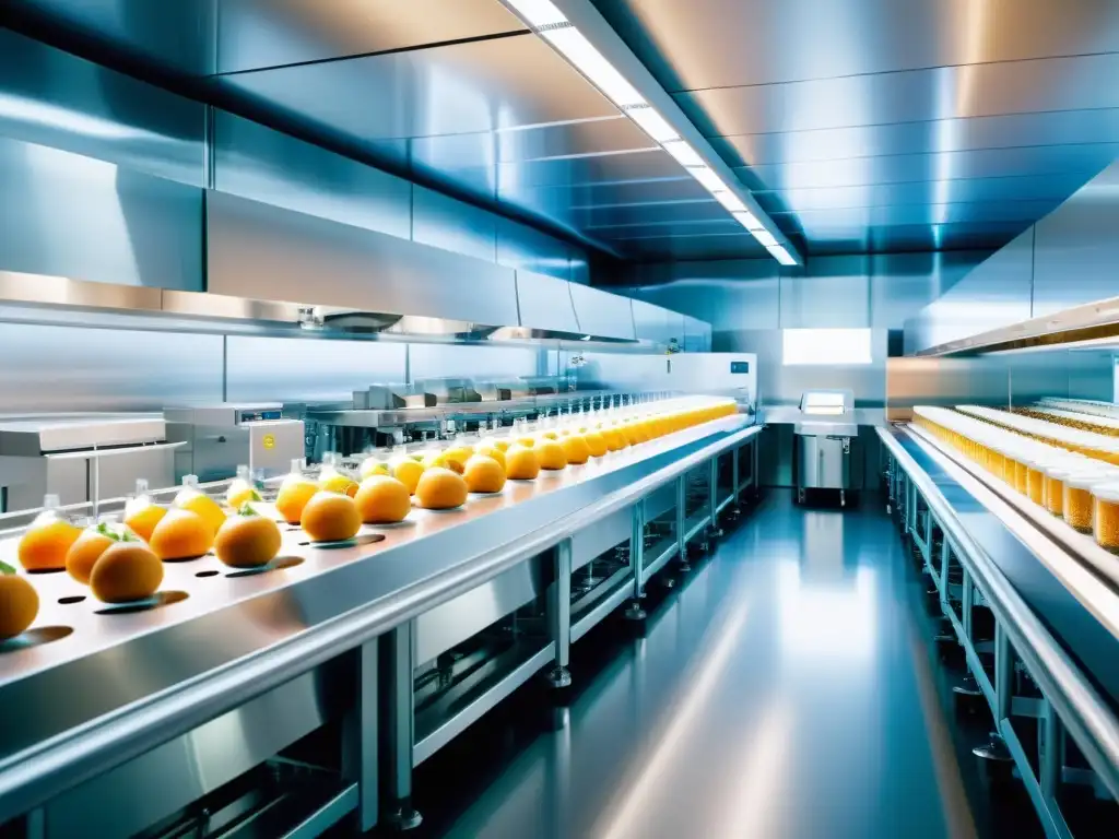 Instalación futurista de envasado de alimentos con nanotecnología en seguridad alimentaria, mostrando precisión y eficiencia tecnológica