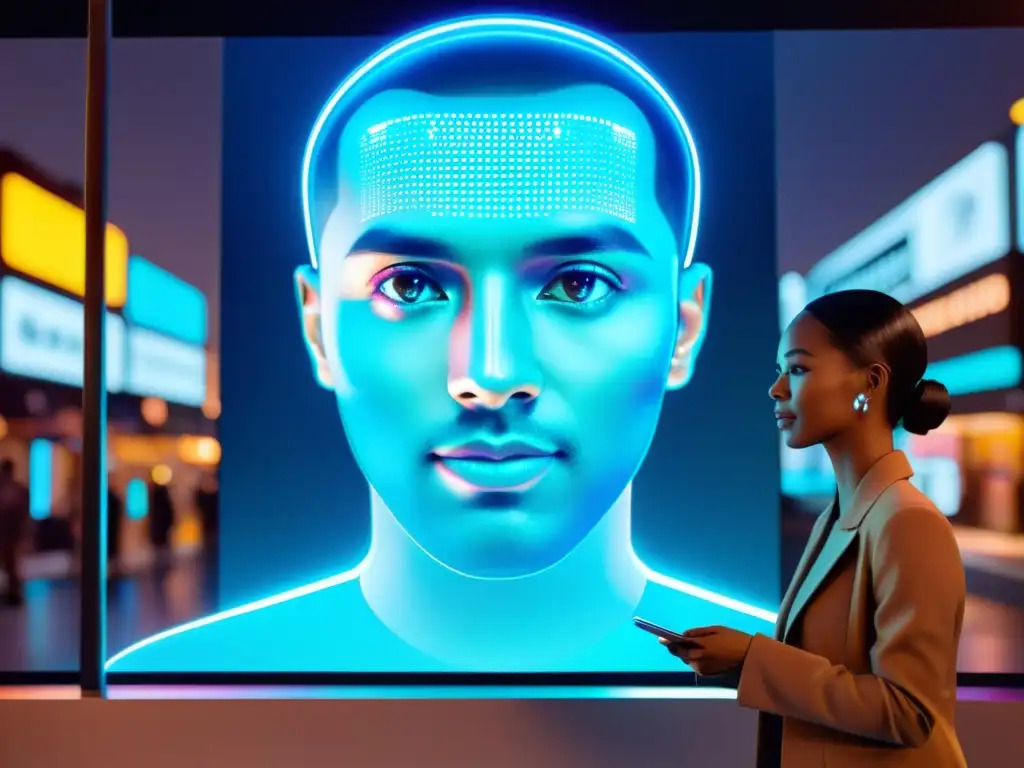 Interacción holográfica futurista con IA en marketing, personalización extrema en ciudad nocturna