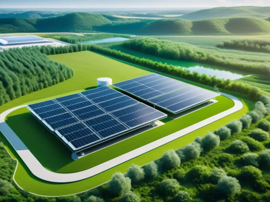 Instalación de Energía Verde Futurista Instalación futurista de hidrógeno verde rodeada de vegetación exuberante, mostrando beneficios y desafíos del hidrógeno verde