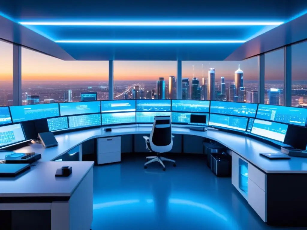 Lab de Investigación Médica Futurista con IA y Robótica Futurista laboratorio médico con IA y avanzada tecnología, bañado en luz azul, con vista a la ciudad