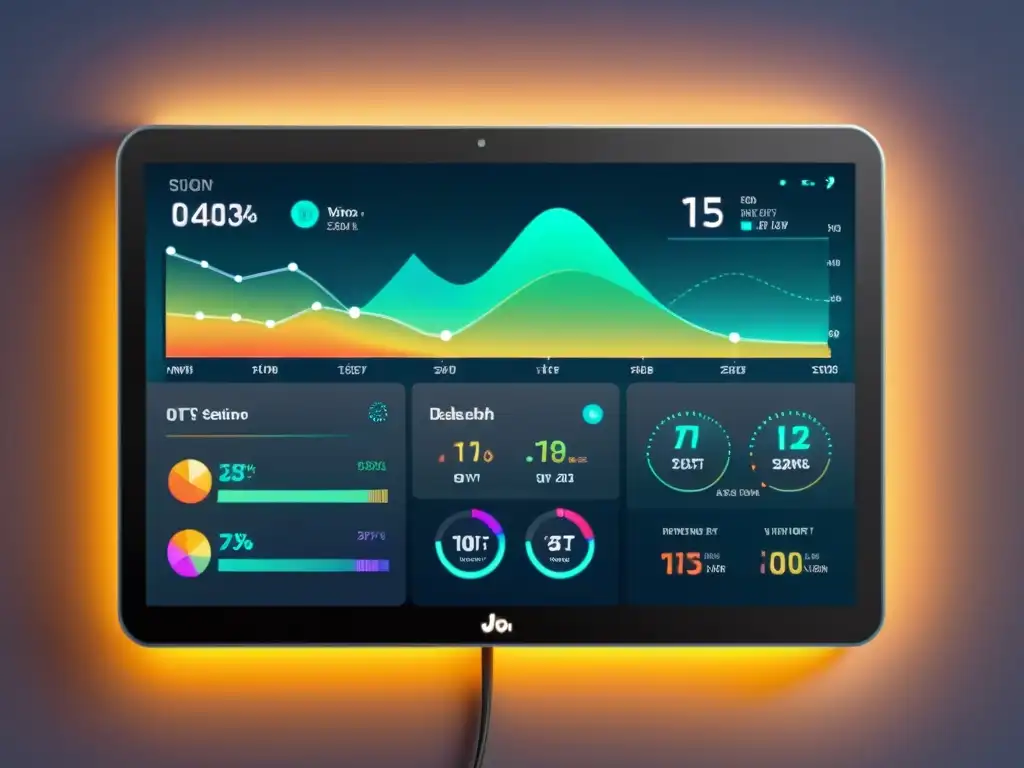 Dashboard futurista de plataforma IoT con visualizaciones de datos en tiempo real y diseño moderno