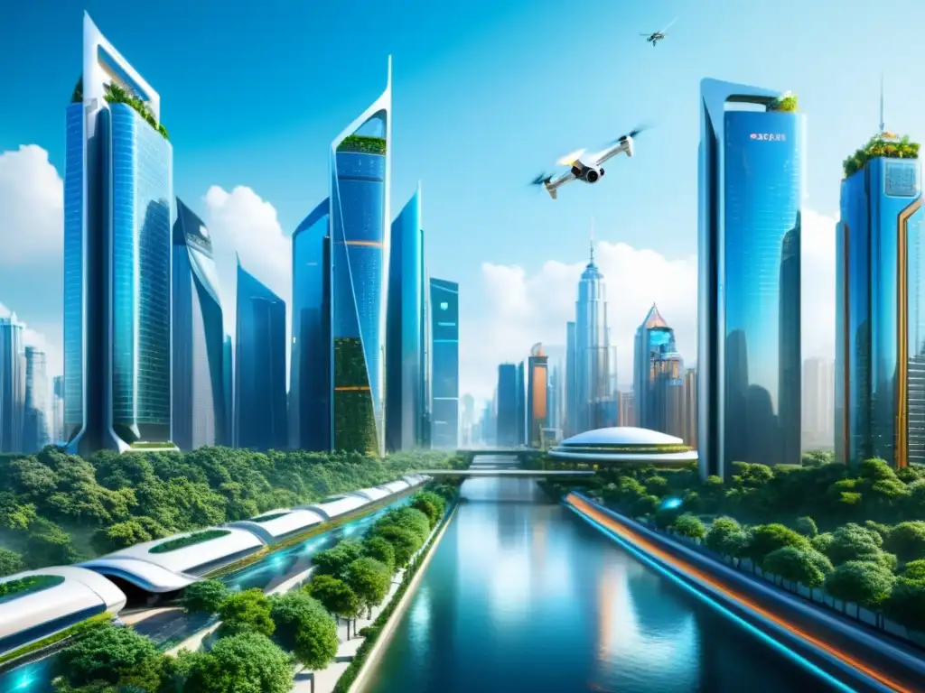 Cityscape futurista con rascacielos integrados con la naturaleza, transporte AI avanzado y desafíos de la inteligencia artificial