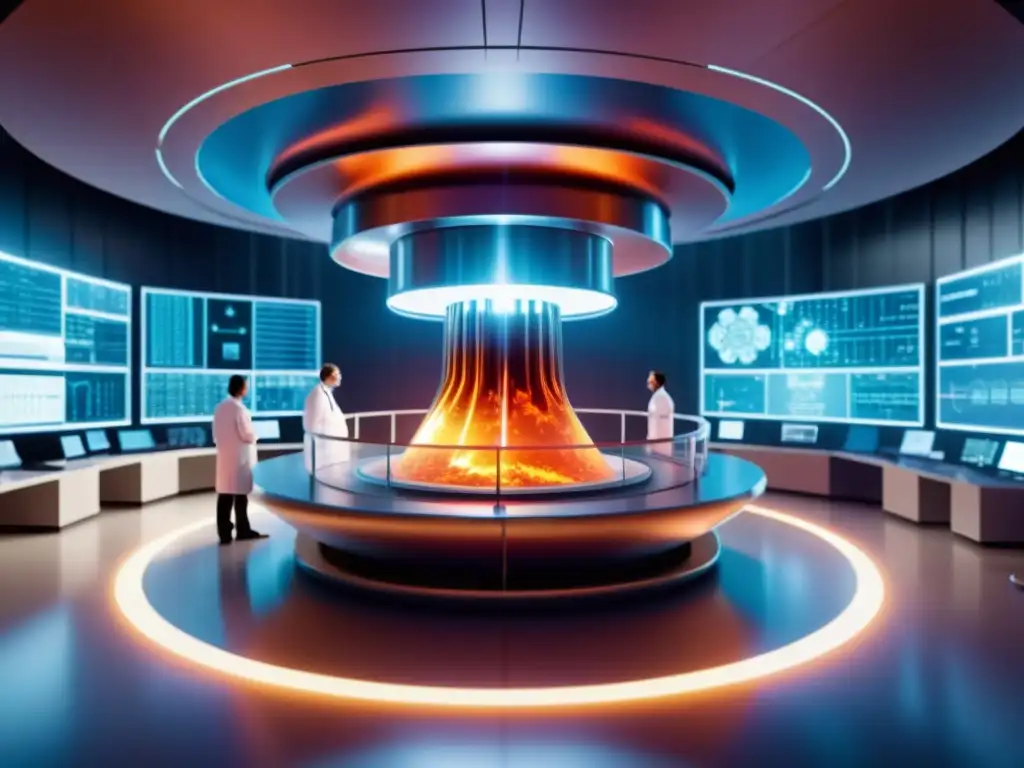 Futurista reactor de fusión nuclear en laboratorio de vanguardia con científicos monitoreando, ajustando y discutiendo resultados