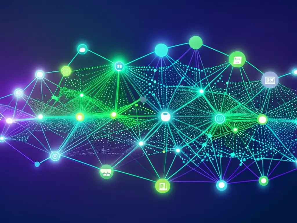 Una visualización futurista de una red de redes sociales, con gráficos modernos y vibrantes representando el flujo de datos y análisis