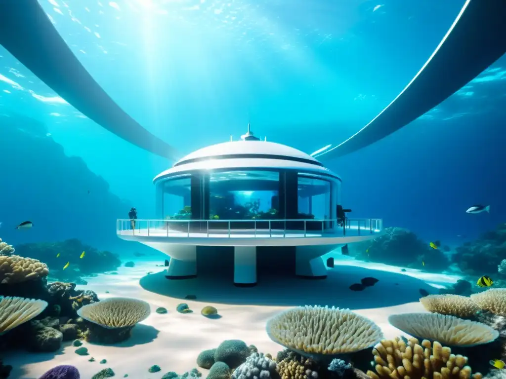 Estación de investigación submarina futurista rodeada de arrecifes de coral y vida marina