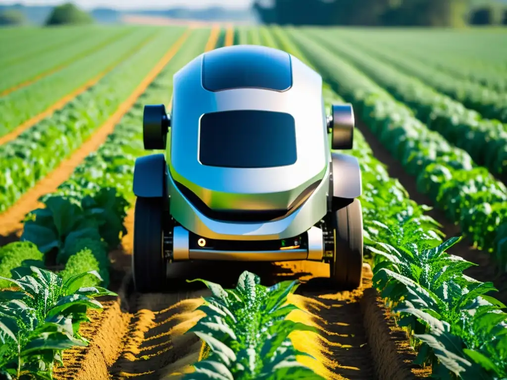 Un robot agrícola futurista con sensores avanzados y herramientas de precisión, navegando por un campo de cultivo exuberante y ordenado