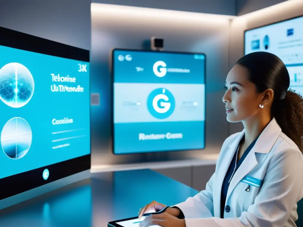 Estación futurista de telemedicina con tecnología 5G mostrando el impacto del 5G en telemedicina en una ciudad futurista y moderna