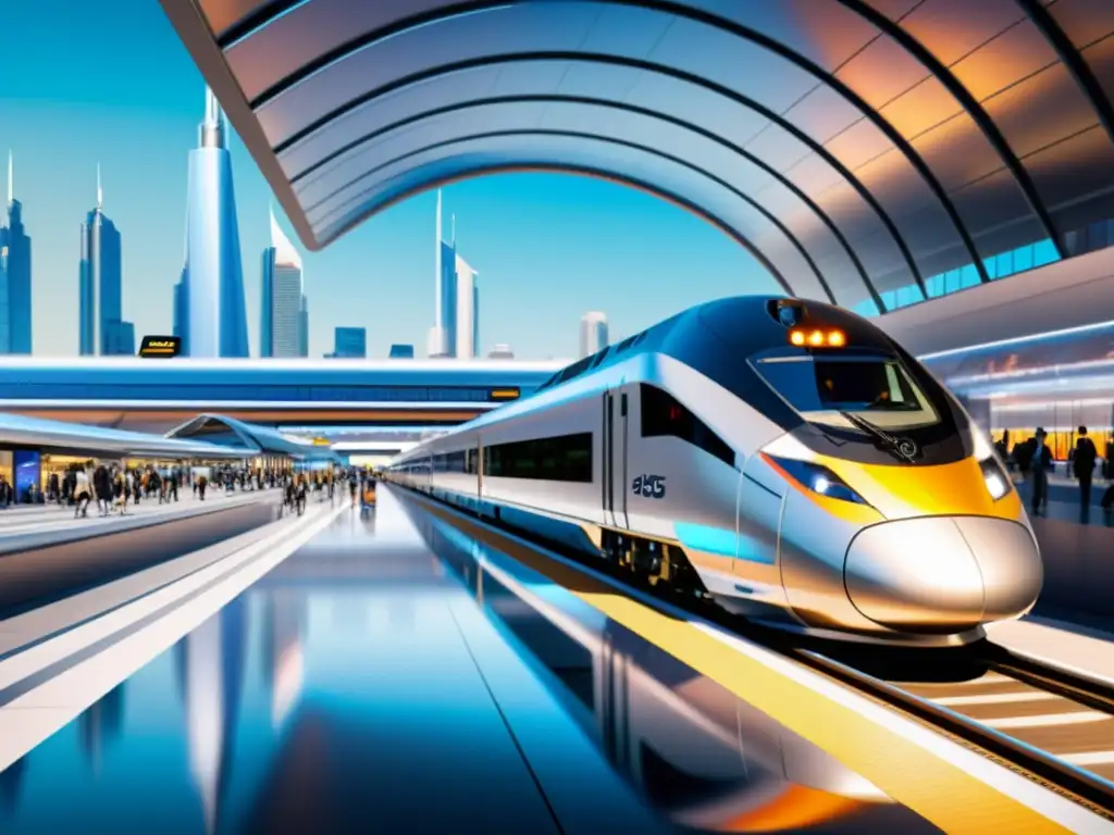 Estación futurista de trenes de alta velocidad con arquitectura metálica y tecnología 5G