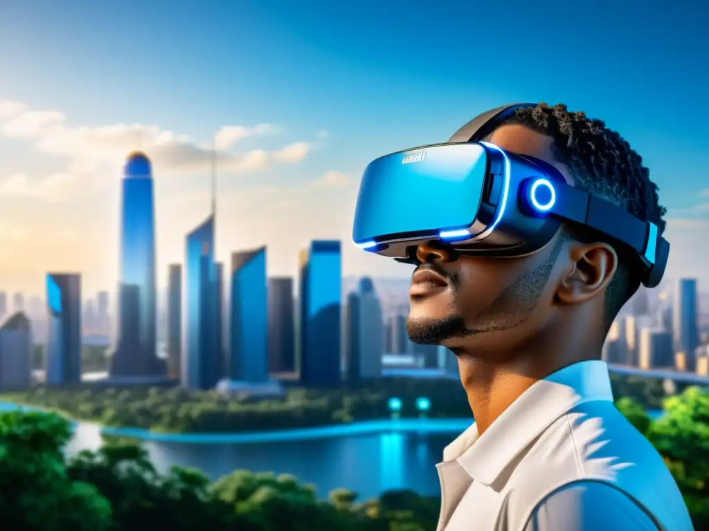 Un futurista visor de realidad virtual con patrones de circuitos y destellos azules, en un paisaje urbano digital