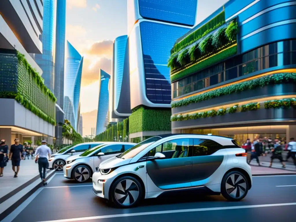 Futuro turismo inteligente sostenible: Ciudad futurista con vehículos eléctricos, rascacielos verdes y tecnología limpia en calles bulliciosas