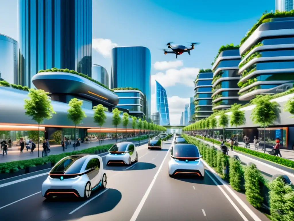 Visión de futuro turismo inteligente sostenible: ciudad futurista con vehículos eléctricos, naturaleza y tecnología