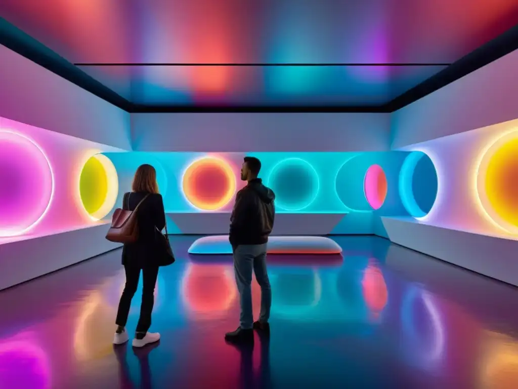 Una galería de arte futurista con esculturas abstractas e instalaciones digitales interactivas, colores vibrantes y una atmósfera de energía