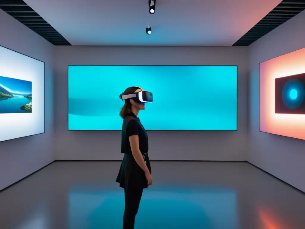 Explorando una galería de realidad virtual con arte digital vibrante y futurista