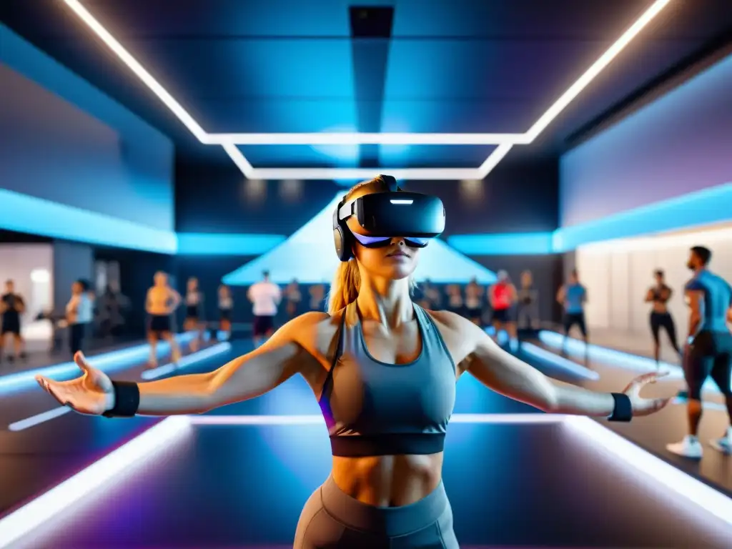 Un gimnasio futurista con entrenadores holográficos y personas usando auriculares de realidad virtual, impacto de la realidad virtual en gimnasios