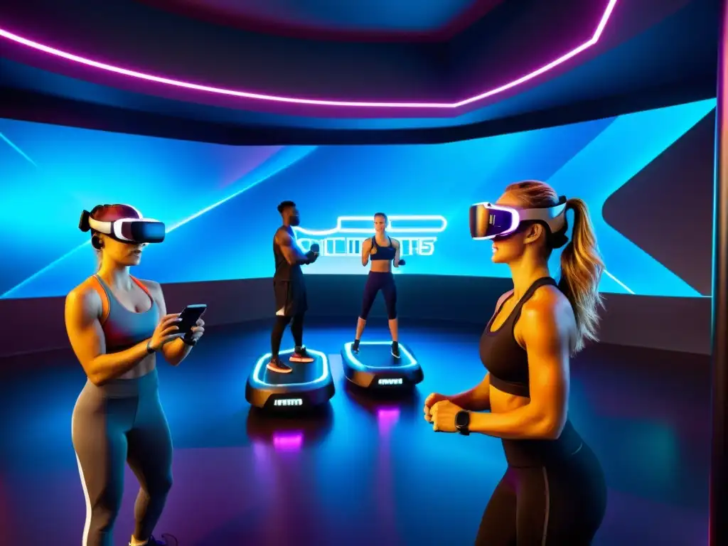 Un gimnasio futurista con equipos metálicos y luces neón, realidad virtual y entrenamientos de alta tecnología