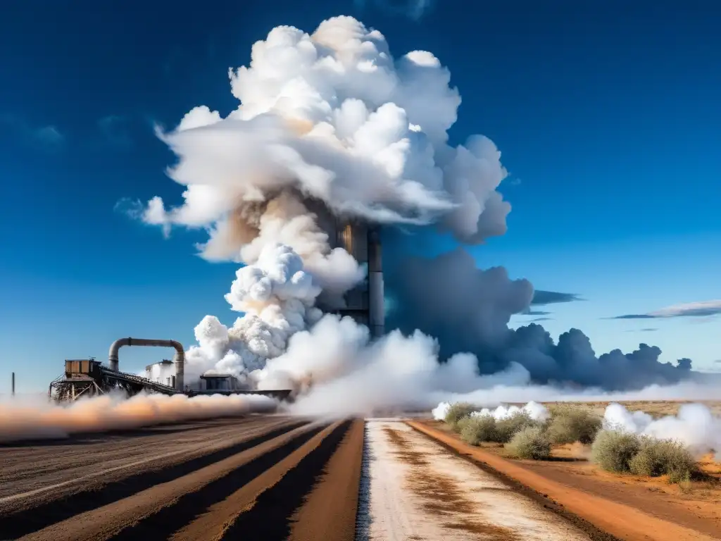 Una gran máquina industrial libera nubes de vapor blanco en un cielo azul brillante sobre un paisaje desolado