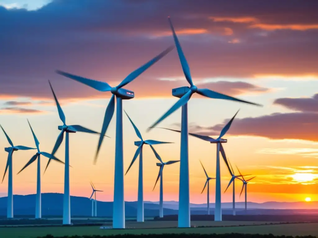 Granja eólica moderna en el atardecer, simbolizando el avance de nuevas fuentes de energía limpia tecnologías