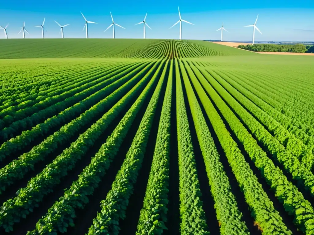 Una granja moderna con una extensión de cultivos verdes y un molino de viento elegante girando bajo el cielo azul