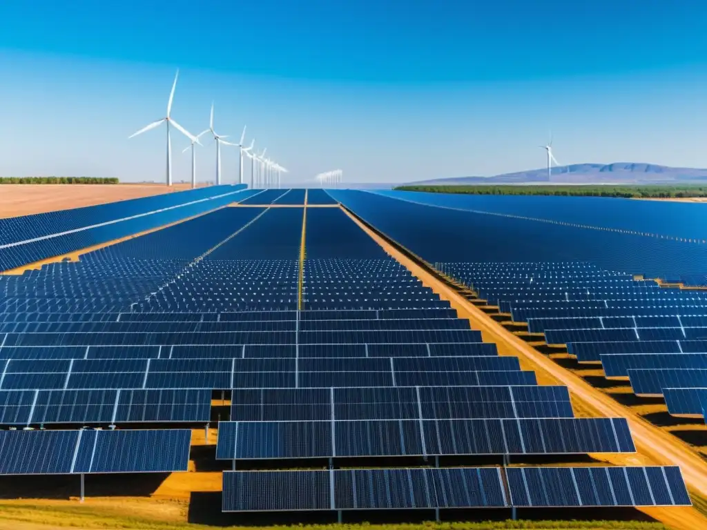 Una granja solar moderna con paneles futuristas bajo un cielo azul brillante