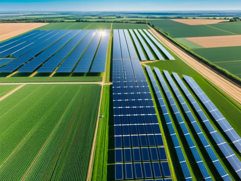 Granja solar con paneles relucientes bajo el sol, rodeada de campos verdes y cielo azul, con una turbina eólica futurista