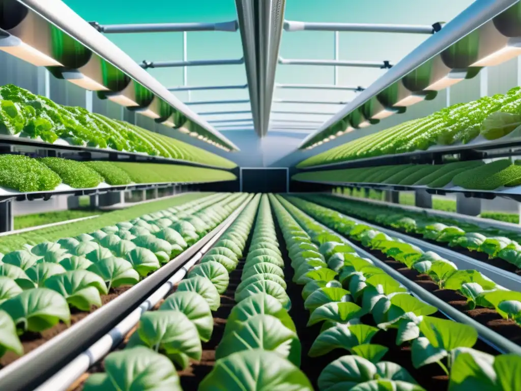 Una granja vertical futurista con cultivos verdes, robotica y sensores IoT, mostrando la Interoperabilidad en IoT para Agricultura Conectada