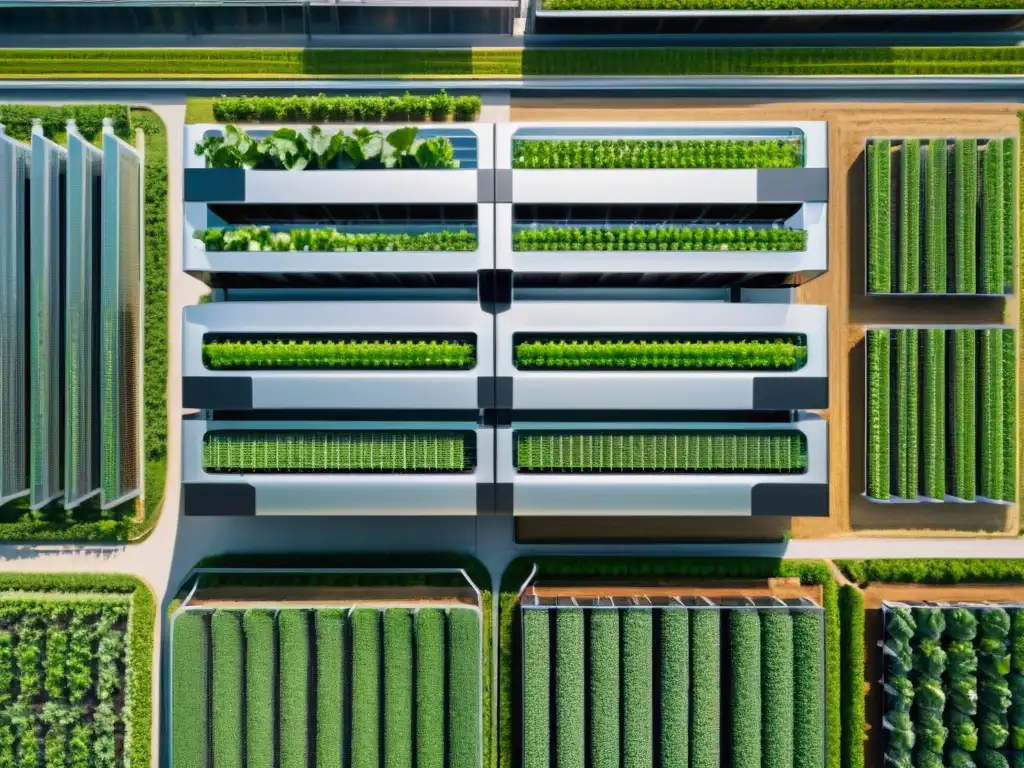 Una granja vertical futurista con cultivos verdes y maquinaria robótica avanzada, iluminada por luz artificial