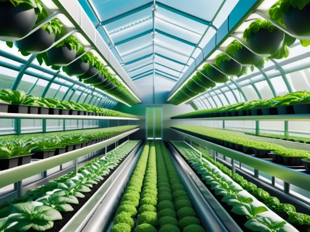 Una granja vertical futurista con cultivos verdes exuberantes bañados en una luz etérea, mostrando técnicas sostenibles para agricultura del futuro