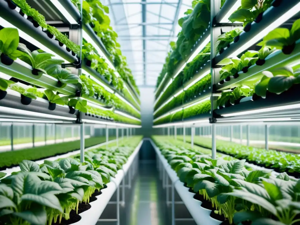 Una granja vertical futurista con plantas exuberantes bañadas en luz natural