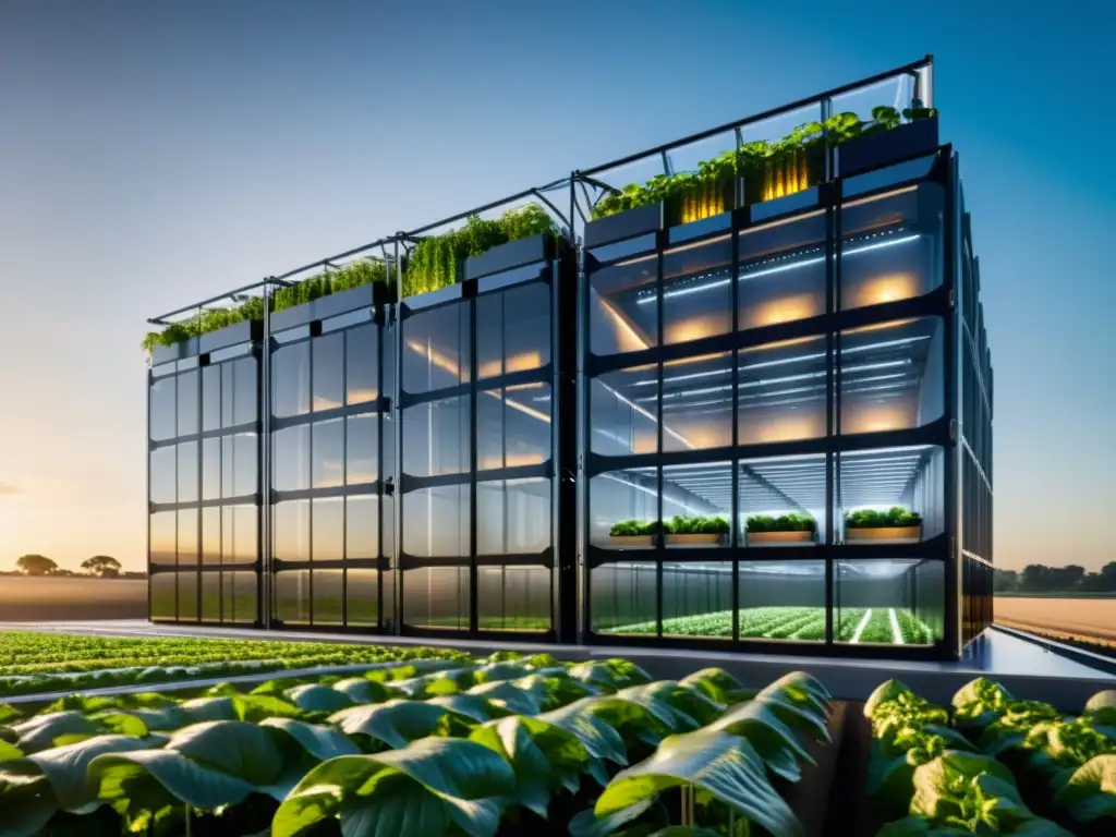 Una granja vertical futurista y sostenible, bañada por la luz dorada del atardecer, muestra la integración de la IA en la agricultura sostenible